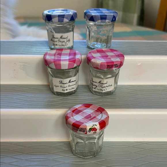 Bonne Maman Other - Bonne Maman Bundle of 5 Clear Glass with Assorted Color Gingham Lids Jars 1 Oz